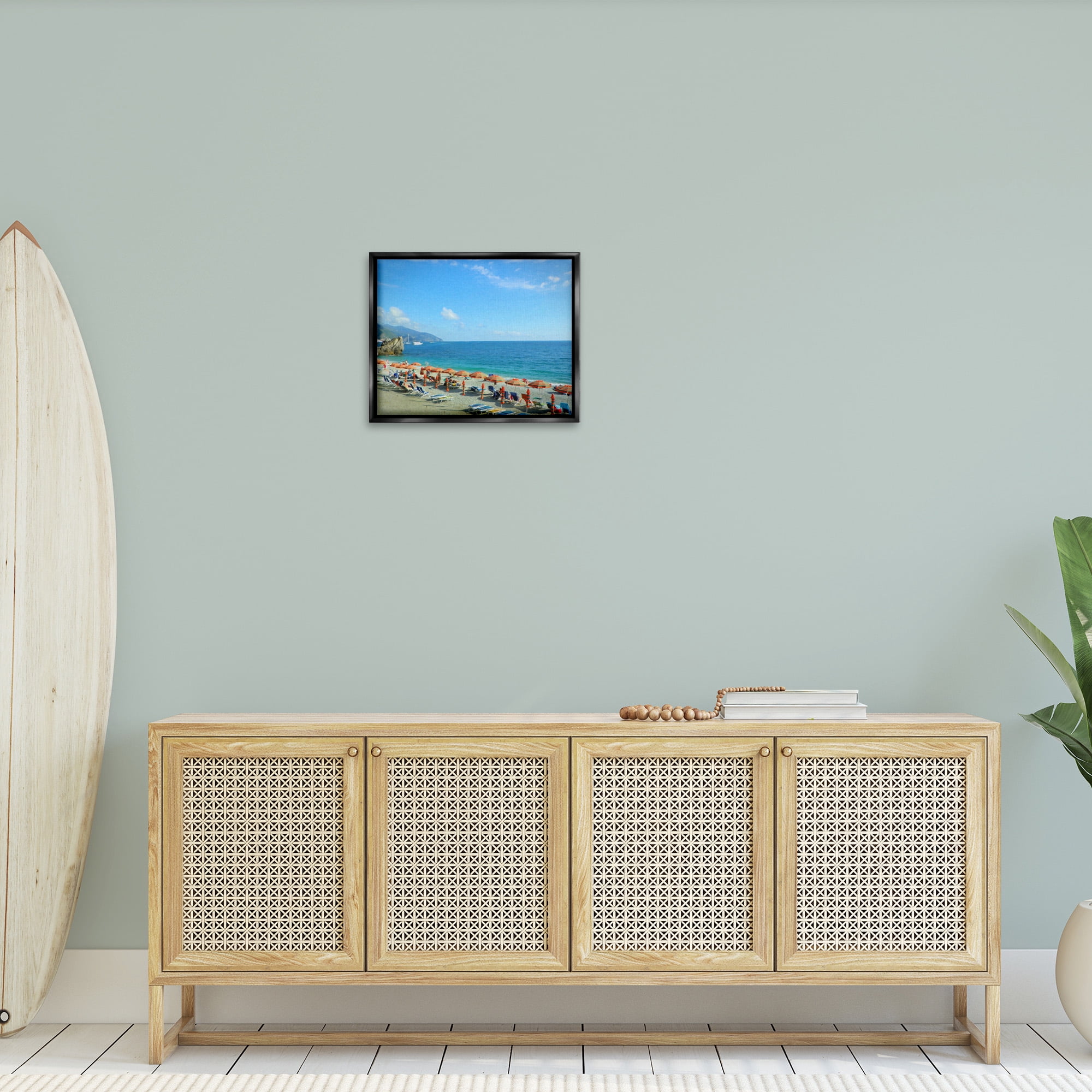 Stupell Industries Summer Beach Resort Landscape Painting Black Floater Framed Canvas Art Print Wall Art, 21 x 17