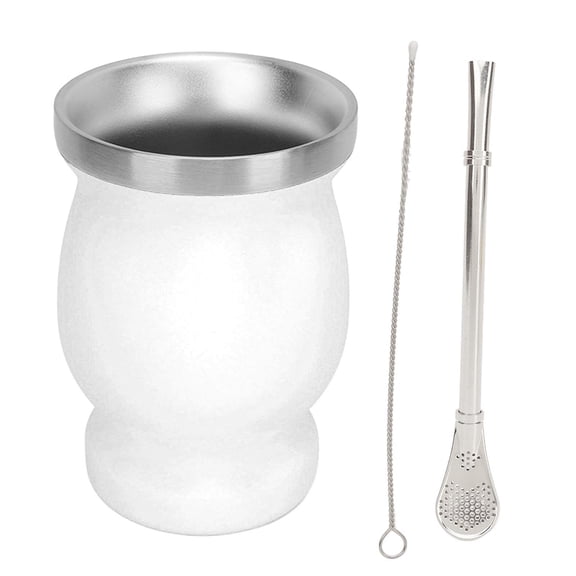 LAZIOEGR 8oz Gourd Stainless Steel Tea Cup with Double Wall Insulation, Spoon, Straw, Brush – 230ml White Cup for Tea, Coffee, Wine