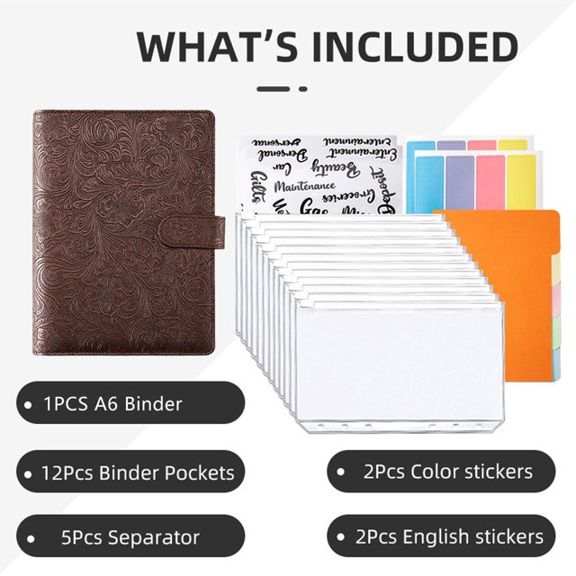 Kit de carpeta económica A6 de 6 anillas/organizador de dinero de cuero PU para dinero en efectivo (marrón) Likrtyny Oficina Multiescena Multifunción