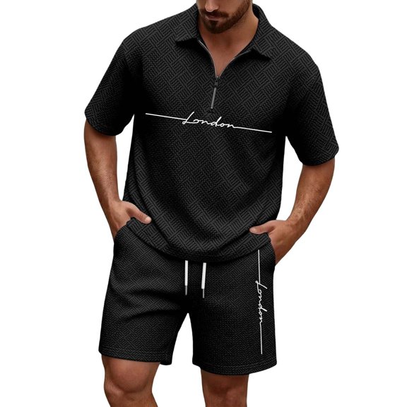 Mens 2 Piece Zip Tracksuit Short Sleeve Print Polo Shirt and Shorts Sets,Letter Printed Waffle pattern Summer Outfits Black M