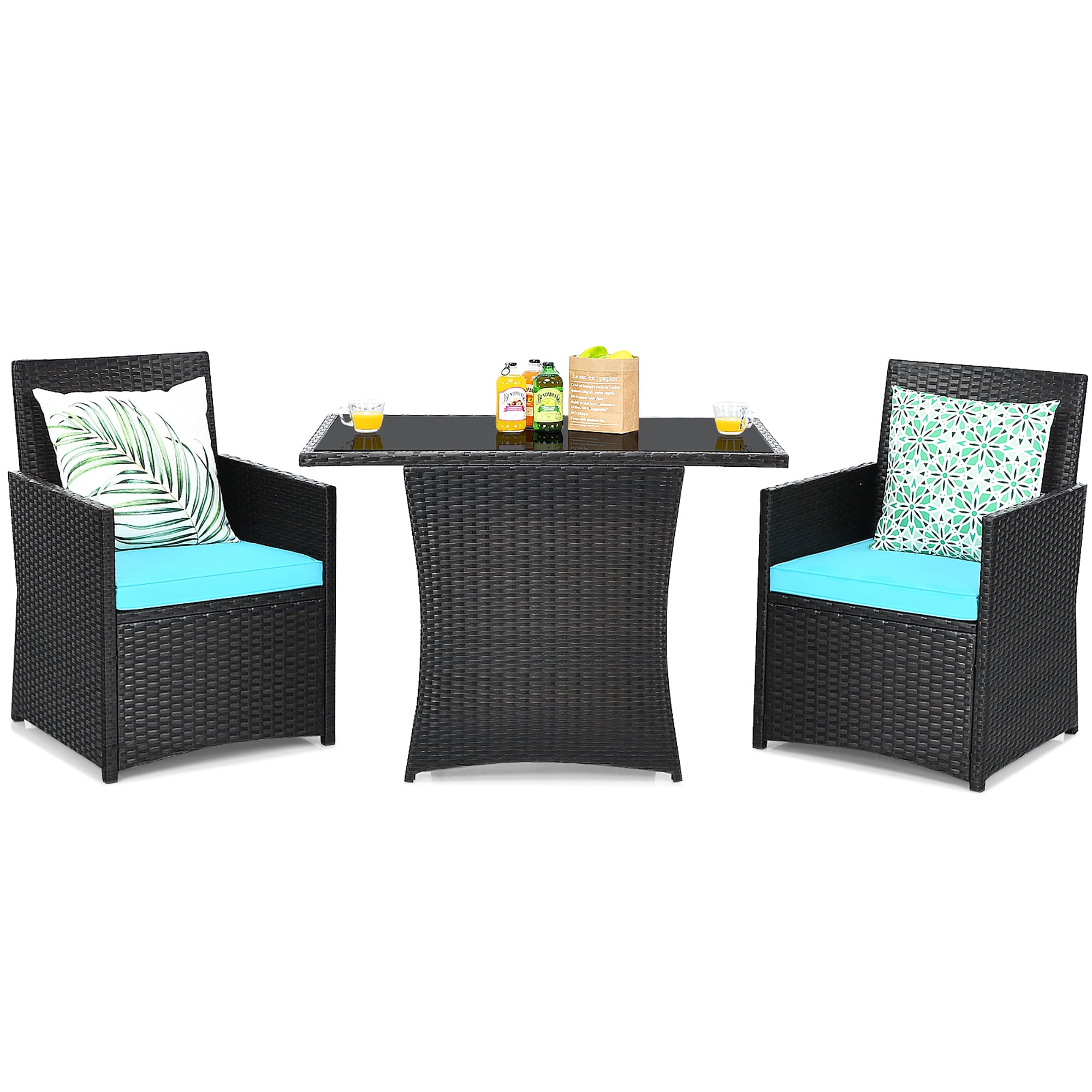 Costway  3PCS Patio Rattan Furniture Set Cushion Sofa Armrest Garden Turquoise