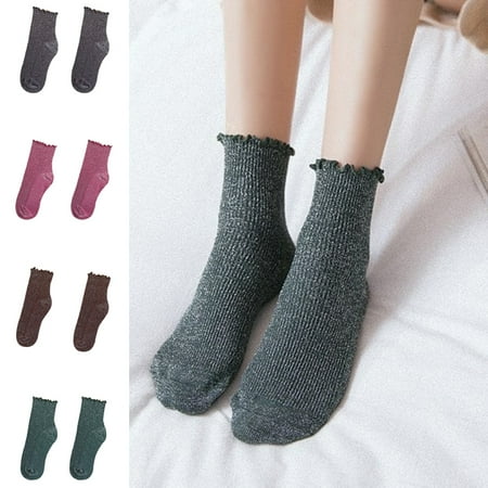 

Visland Women Socks Fashion Ribbed Design Glitter Casual Solid Color Soft Skin-friendly Cotton Middle Tube Socks for Daily Wear
