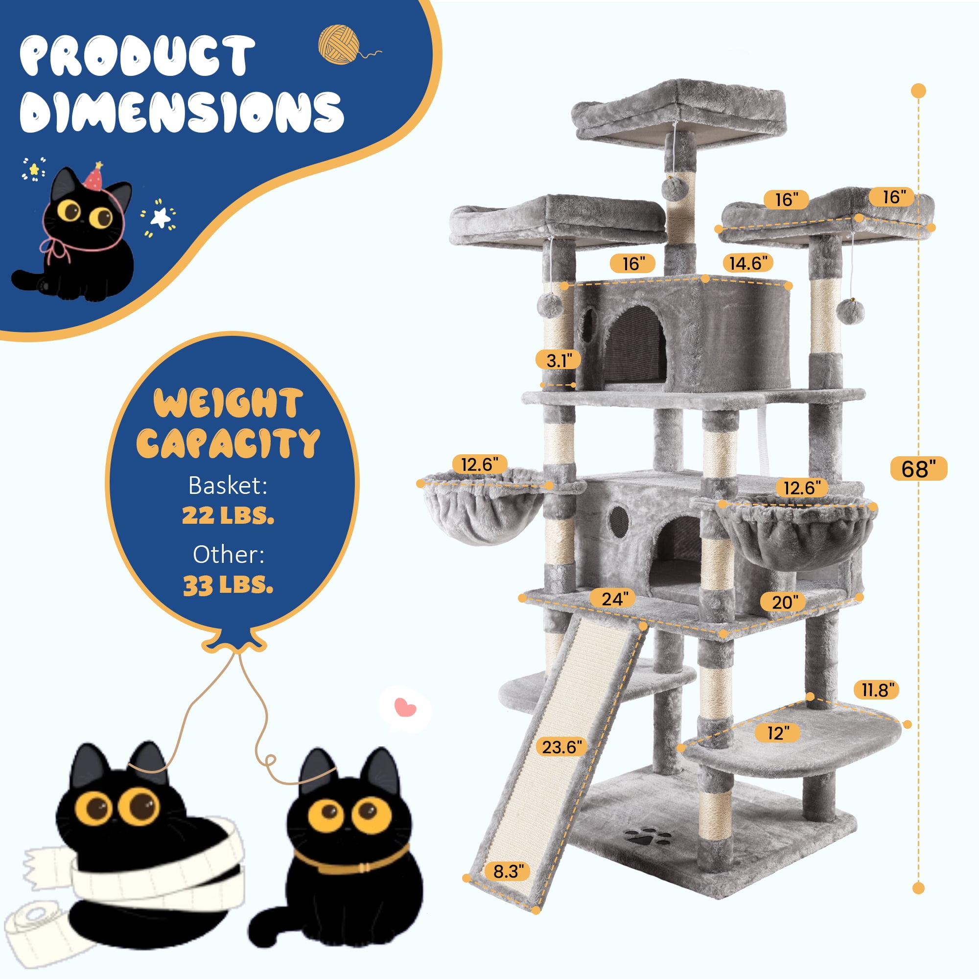 Allewie 68" Multi-Level Large Cat Tree and Tower with Cat Condo House, Scratching Posts & Board, Gray
