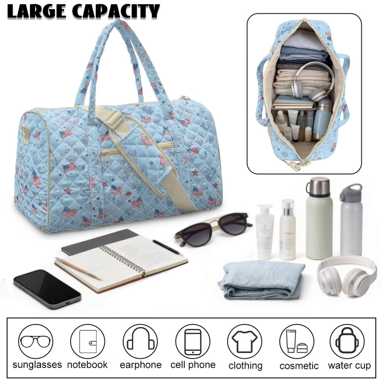 Xixirimido American Flags Firework Blue Print Travel Duffel Bags for Women Men Weekender Overnight Bag Carry On Quilted Fabric, Women Hospital Bags for Labor and Delivery