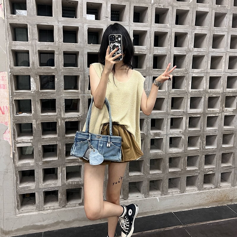 Wash Denim Tote Bag - Punk & Y2K Trendy Stretchy Strap Underarm Crossbody Bag for Women | Multi-Pocket Ita Bag Display for Anime Pins, Lolita, Cosplay, JK Fashion, Kawaii & Gothic Style (Black,