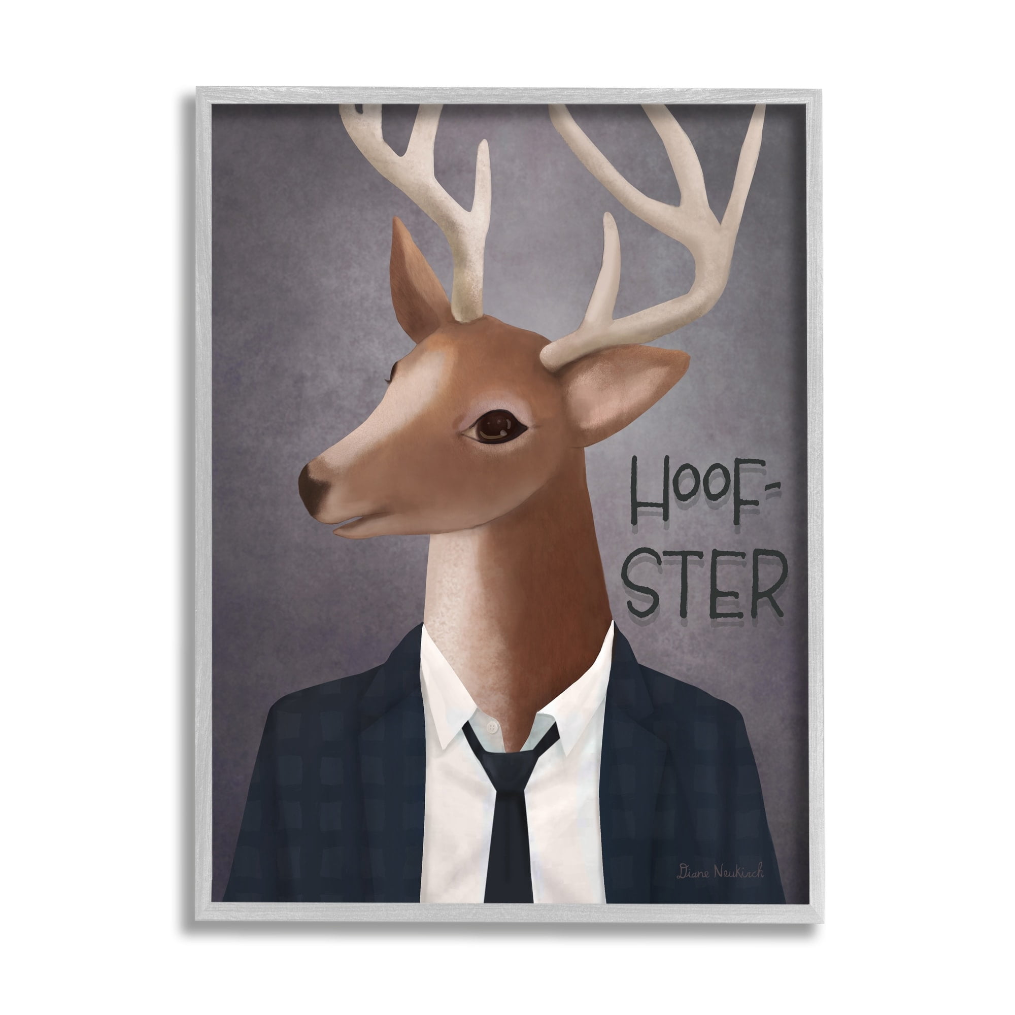 Stupell Industries Hoof-Ster Witty Deer Stag Wearing Suit Necktie Graphic Art Gray Framed Art Print Wall Art, Design by Diane Neukirch