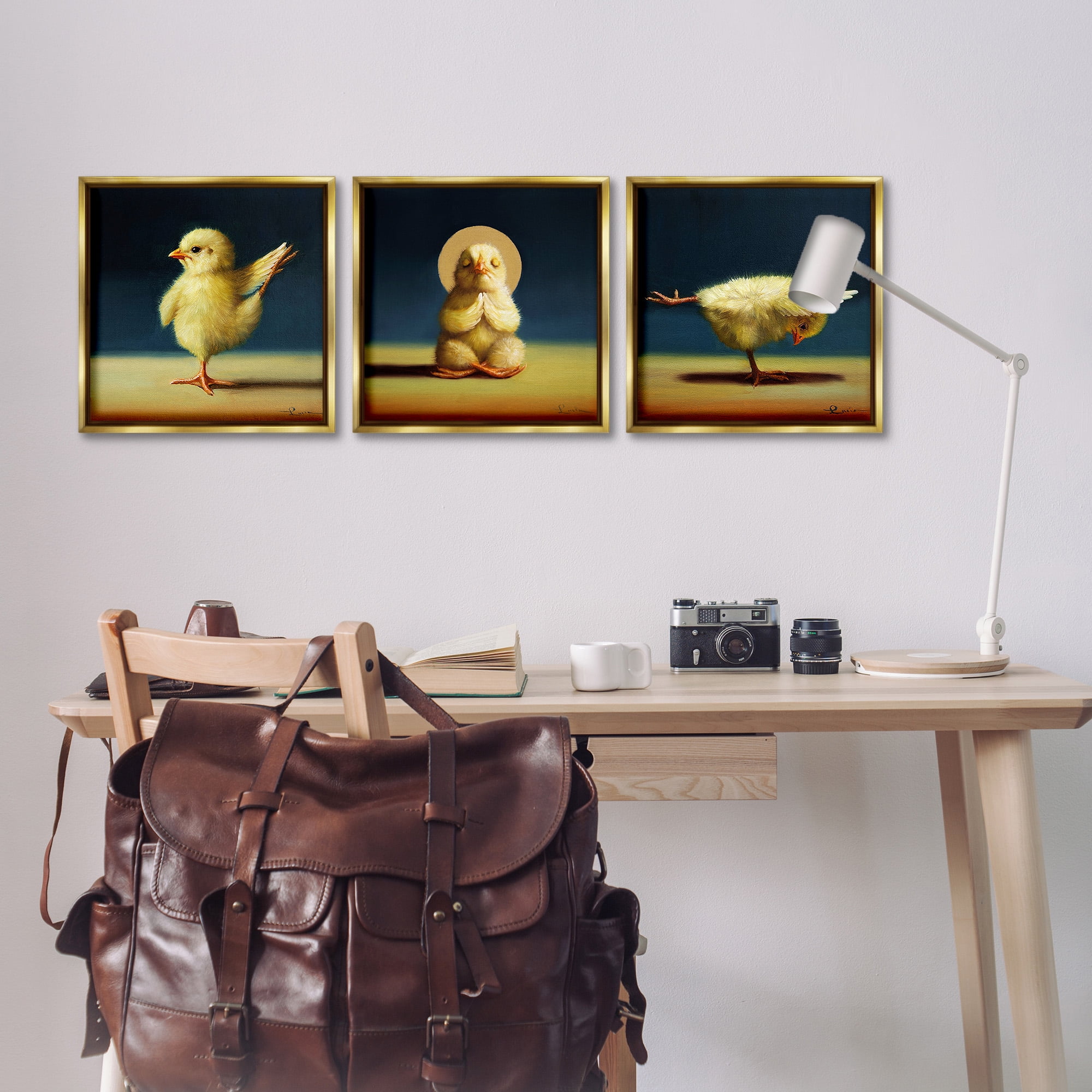 Stupell Industries Yoga Chick Trio Stretching Poses Animals & Insects Painting Gold Floater Framed Canvas Art Print Wall Art, 18 x 18, Set of 3