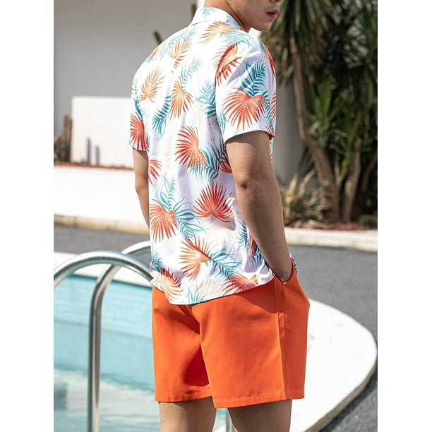 Conjunto de pantalones cortos de manga corta con botones y estampado tropical para hombre Blanco y anaranjado XL Blanco y anaranjado XL Xishao ropa Walmart en linea