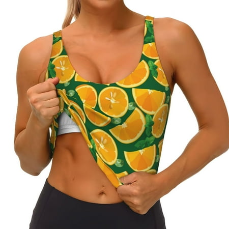 Qokaie Orange Lemon Pattern Womens Scoop Neck Sports Bra Breathable Workout Vest Padded U Back Medium Impact Fitness Gym Yoga Bra Workout Crop Top