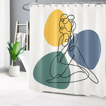 HVEST Abstract Minimalism Shower Curtain , Cute Line Girl Shape with Colorful Geometric Shapes,On White Bathroom Shower Curtain Polyester Fabric Decor Curtain with Hooks, 72X78 inch