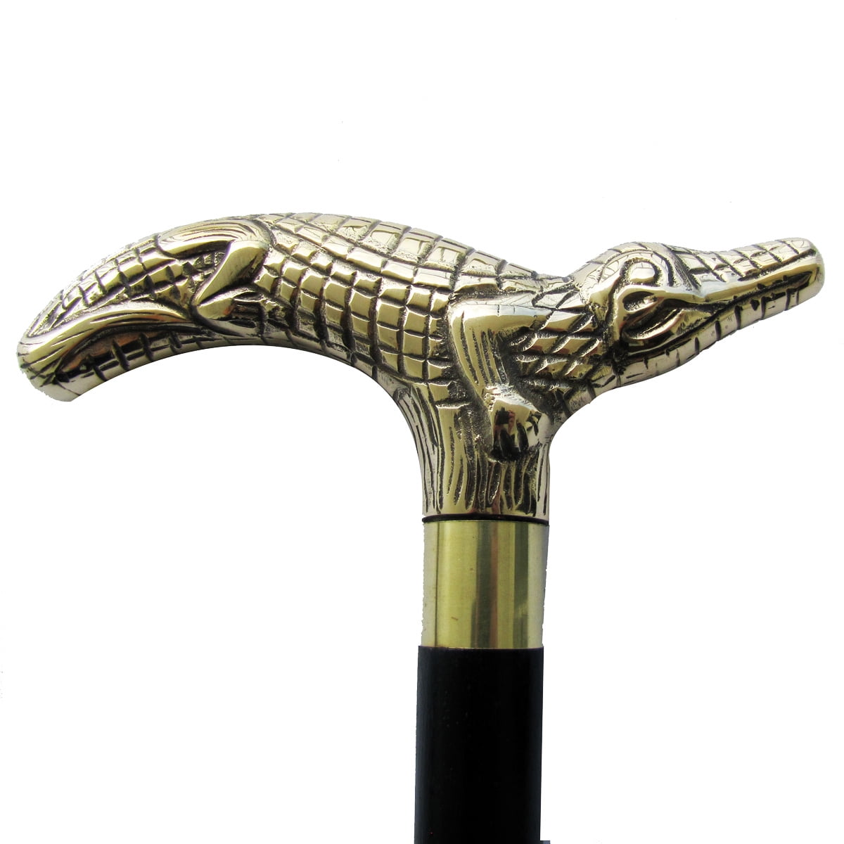 Solid Brass Victorian Crocodile Head Handle Wooden Walking Stick Antique Cane 