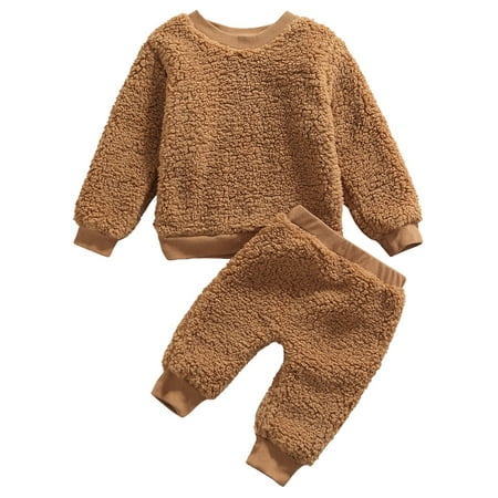 

Musuos Baby Boy Girl Sherpa Fleece Sweater Pullover Tops Solid Pants Fall Winter Warm Set