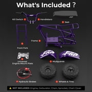 FRP GMB100 Mini Bike Upgraded Frame Roller Frame, No Engine—Tires, Hydraulic Brake, Seat, Fuel System & Wiring, DIY Bolt-On 79/98/196/212/225cc – Purple