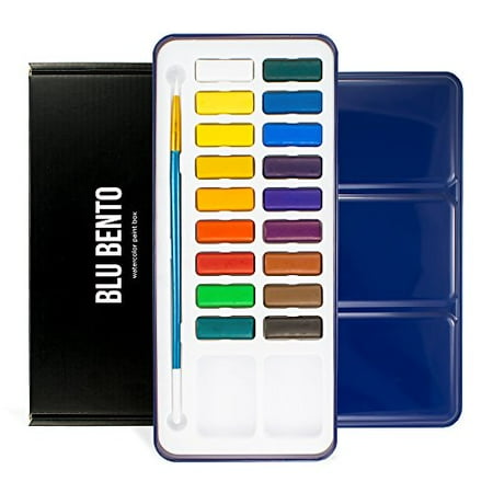 Metal Watercolour - Blu Bento Mizu-18 Watercolor Paint Box (With Tin Metal Case, Brush, Mixing Tray, 18 Paint Cakes, Vibrant Colors)