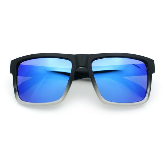 Mens Classic Suburb Urban Rectangular Sport Horn Rim Plastic Sunglasses Matte Black Clear - Blue Mirror
