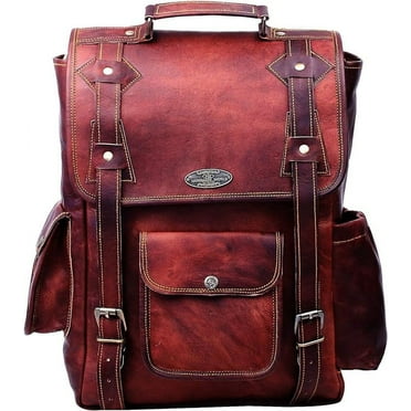 Hulsh Handmade 16 inch Brown Leather Backpack for Men Vintage Easy Open Push Lock Genuine Leather Laptop Backpack for Men Women with Padded Laptop Compartment
