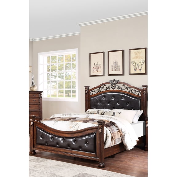 Dark Cherry Color Queen Size Bed With Faux Leather Upholstery And Molded Crafted Headboard Frame In