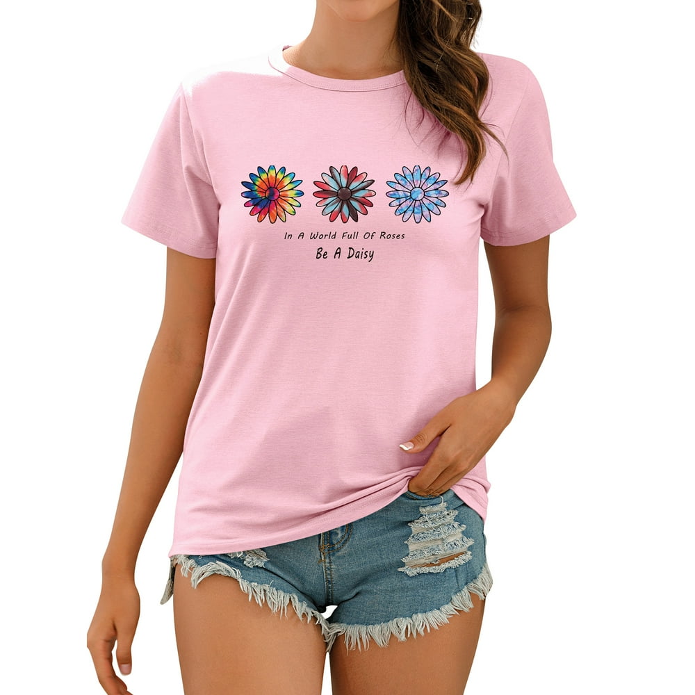 TWZH TWZH Women Be A Daisy Letter TShirt Colorful Daisies Graphic Print Tee