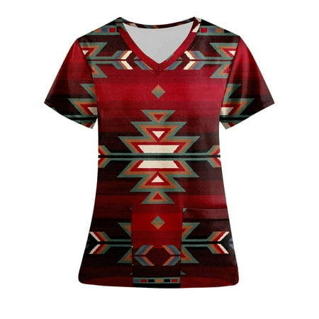 

CZHJS Women s Short Sleeve Scrub_Tops with Pockets Clearance V Neck Spring Tops Ladies Summer Vintage Shirts Working Uniform Tunic to Wear with Leggings Western Ethnic Printed Red S