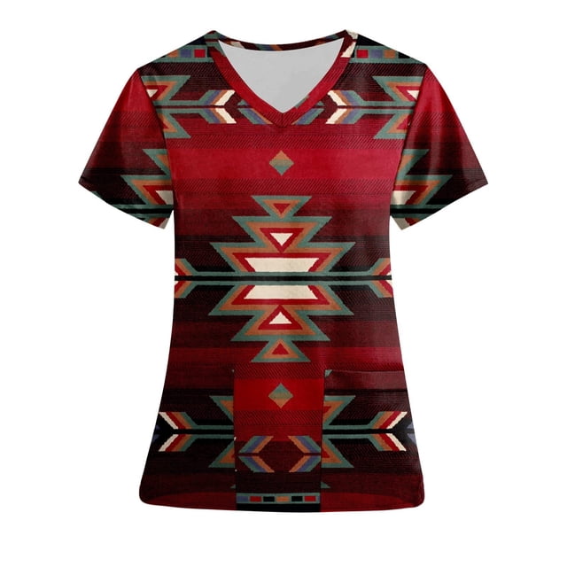 Fiudx Ofertas Del Día Blusa de Manga Corta con Cuello En V para Mujer, Uniforme de Trabajo, Impresión de Bolsillo