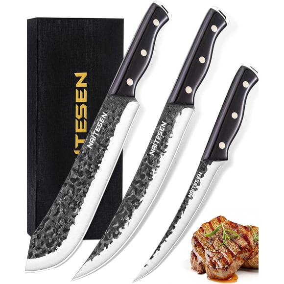 Professional Butcher Knife Set 3, Bullnose Meat Cleaver Breaking Knife Boning Knife Hand Forged Very Sharp for Meat Cutting Home Kitchen Cooking BBQ