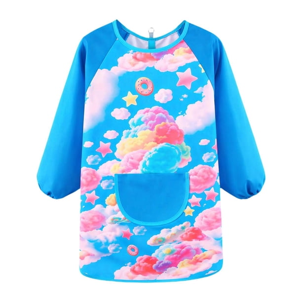 Delantal de pintura infantil con bolsillo y mangas largas, versátil para niños. M Nube colorida azul