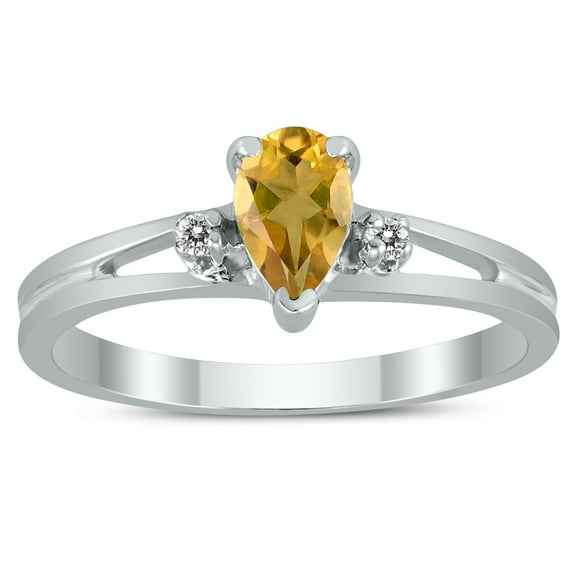 SZUL Women's 6X4MM Citrine and Diamond Pear Shaped Open Three Stone Ring in 10K White Gold