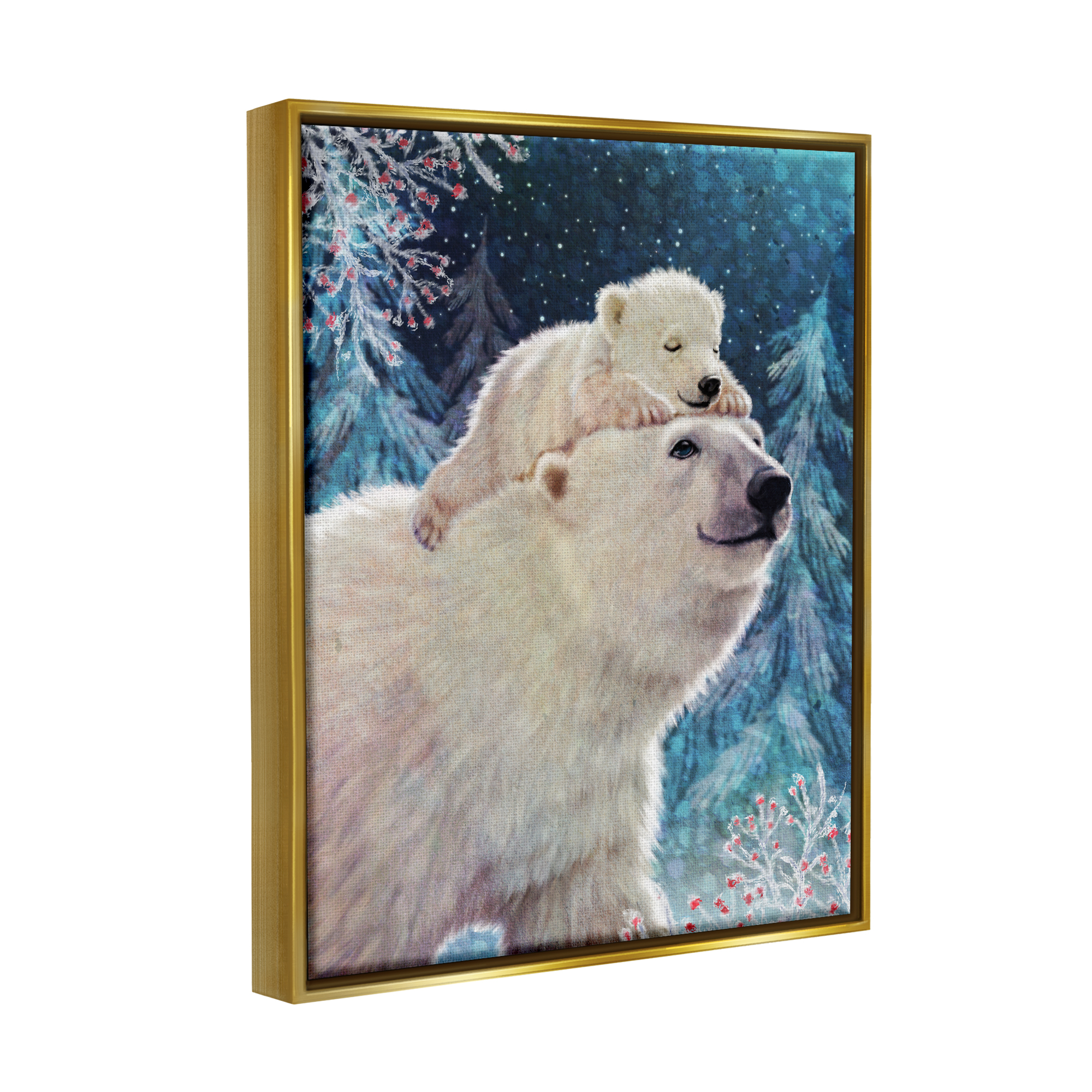 Stupell Industries Polar Bear & Cub Winter Scene Holiday Painting Gold Floater Framed Art Print Wall Art