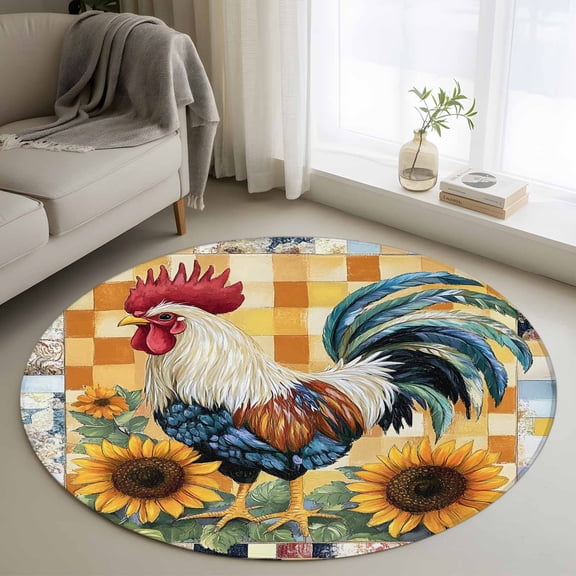 Retro Rooster Round Rug 3.3ft Washable Circle Entryway Rugs Non Slip Farmhouse Sunflower Animals Plaid Area Rug Indoor Floor Carpet for Bedroom Kitchen Living Room Home Office Dining Room Nursery
