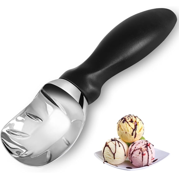 Ice Cream Scoop with Comfortable Grip Handle, Heavy Duty Stainless Steel, Perfect Shape Scoops, Ice Cream Scooper (Black) Black
