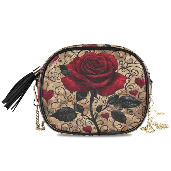 Womens Casual Chain Shoulder Bag Simple style Red Rose Pattern Crossbody Bag