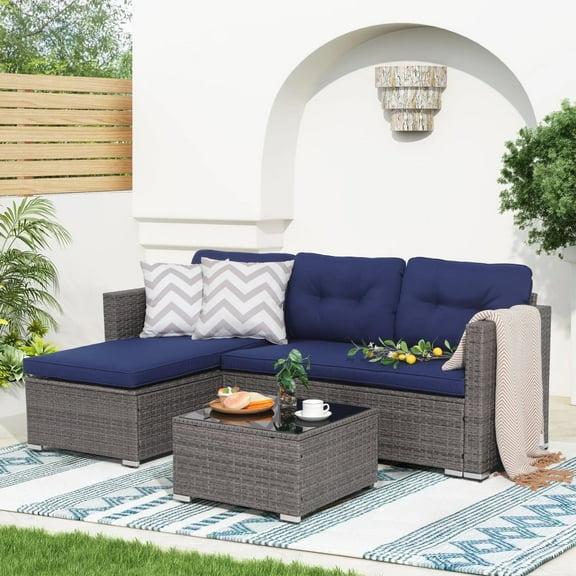 OC Orange-Casual 5-Piece Outdoor Sectional Sofa Set with Glass Coffee Table Grey Rattan & Navy Blue Cushion