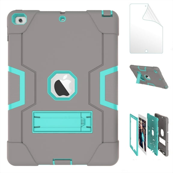 iPad 5th/ 6th Generation Case, New iPad 9.7 inch 2017/2018 Shockproof Kickstand Cover with HD Screen Protector Film - Gray/Mint