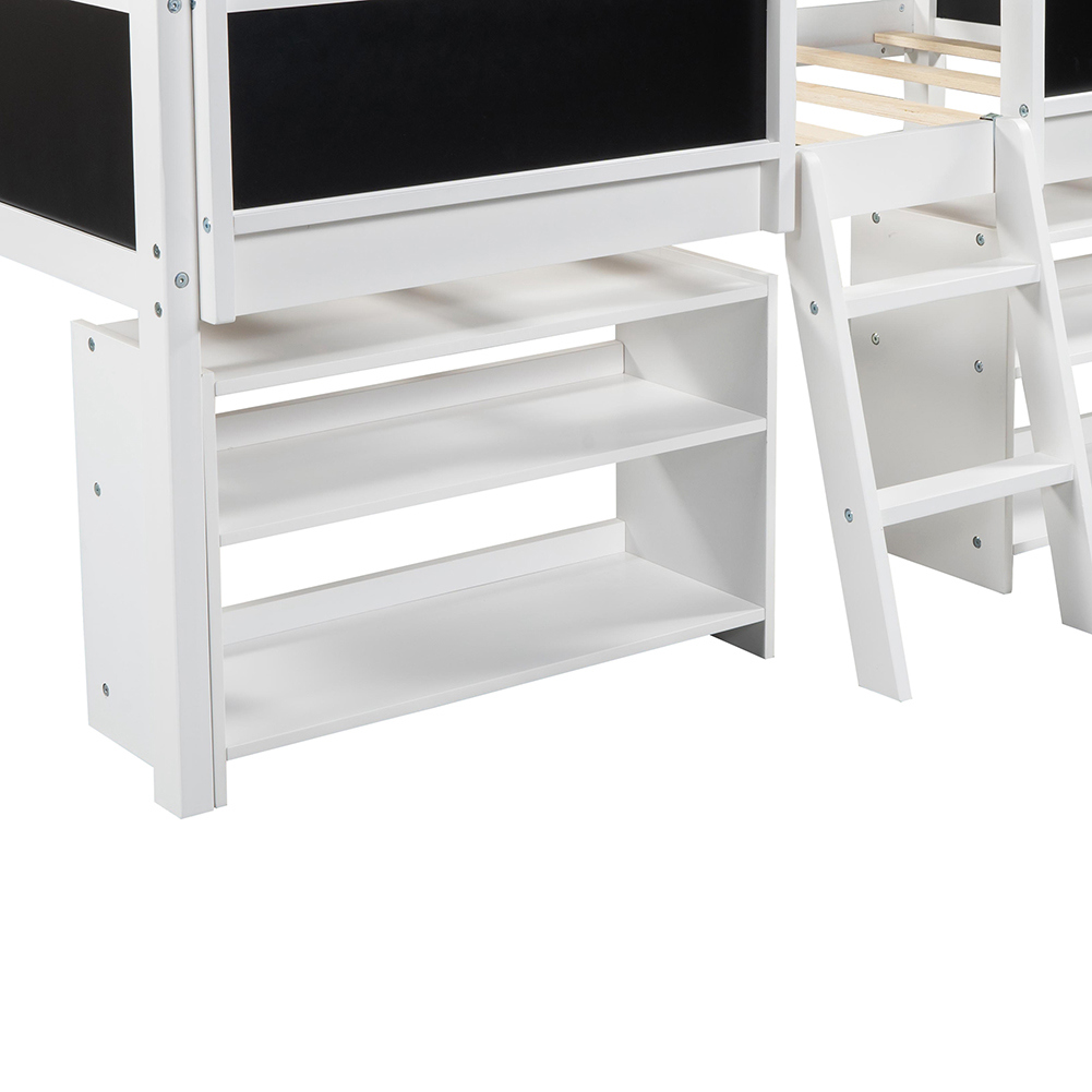 Kadyn Twin Size Low Loft Bed with Two Movable Shelves and Ladder,with Decorative Guardrail Chalkboard,White