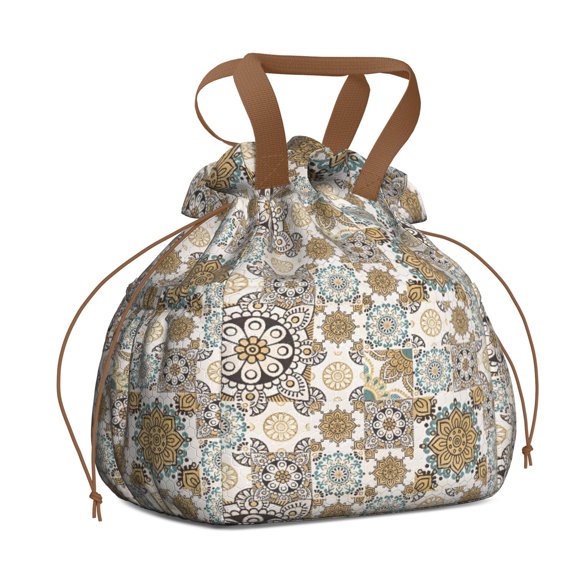 Boho Bohemia Flower Drawstring Lunch Bag Women - Drawstring Lunch Bag Insulated for Work Office - Stain-Resistant Large Lunchbags for Women with Multi-Pockets