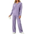 thumbnail image 5 of felwors Women 2 Piece Pajamas Sets Long Sleeve Casual Ribbed Lounge Set Fall Pj V Neck Loungewear Outfit Purple, XL, 5 of 8