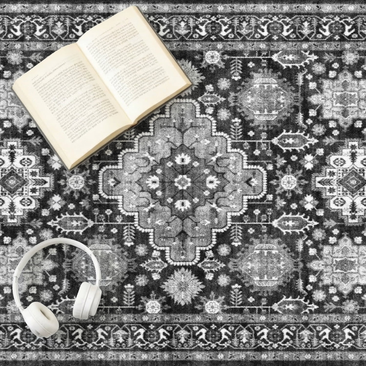 Area Rugs for Living Room, Quccifan 8'x10' Washable Vintage Boho Low Pile Non-Slip Soft Black Persian Distressed Carpet for Bedroom, Office