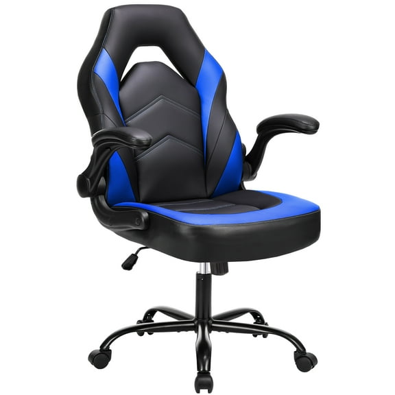 MCQ Computer Gaming Chair, Ergonomic Racing Chair with Flip-up Armrest, PU Leather, Black Blue