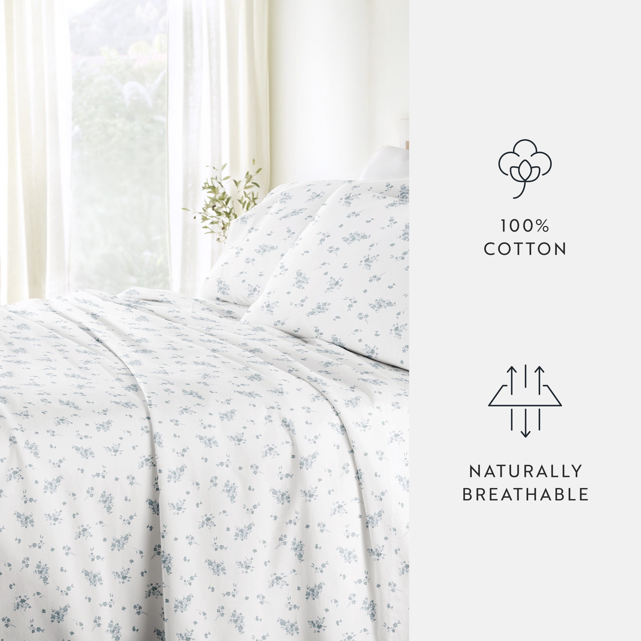 Noble Linens 4 Piece 300TC Cotton Printed Sheets, Bouquet Bliss Light Blue, Twin