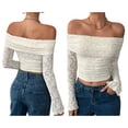 thumbnail image 3 of Women'S Lace Trim Off Shouder Top Long Sleeve Double Lined Y2k Trendy T-Shirts Cream White XXL, 3 of 7