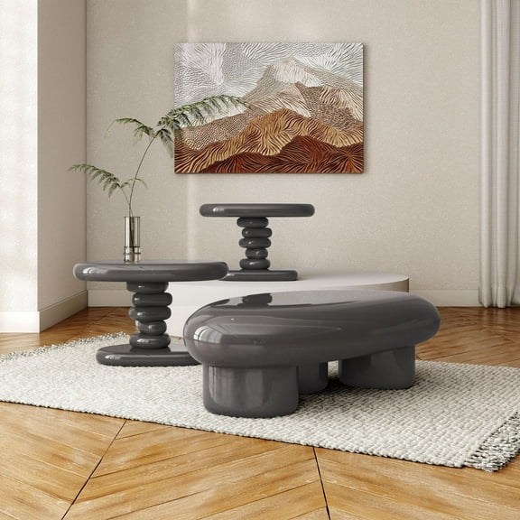 Kavren Modern Oval Glossy 3-Piece Coffee Table Set, Dark Gray