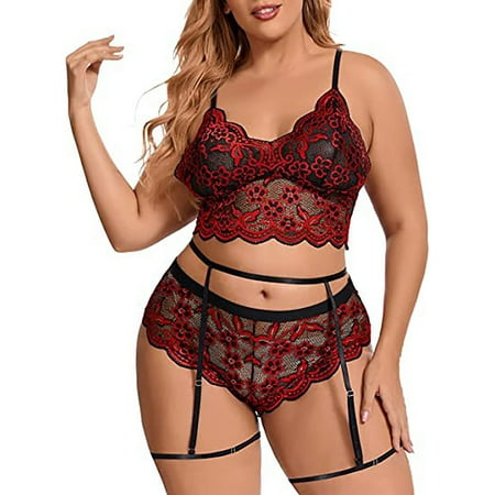 

QWERTYU Womens Bralette Plus Size Lingerie Lace Sexy Lingerie Set Teddy Babydoll Bra and Panty Sets with Garter Red 3XL