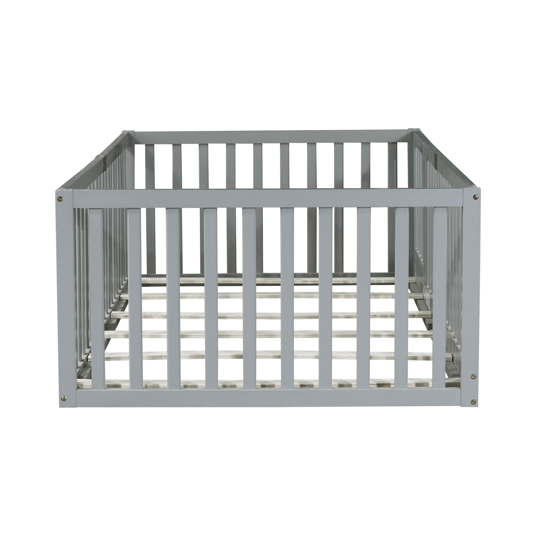Noble House Nira Twin Floor Bed with High Fence and Door, Rubber Wood Montessori Bed Frame, Kids' Room, Gray