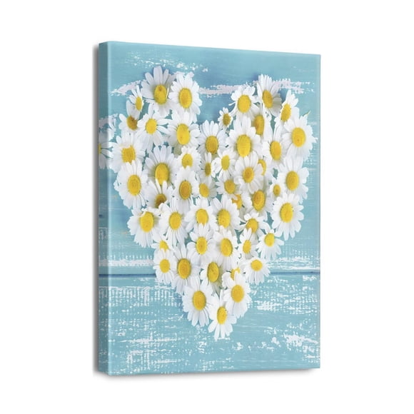 Dicilly Wall Art Cute Love Heart Daisy Blue Board Background Funny Pictures Canvas Print Country Bathroom Sign Artwork Home Decor 12x16in
