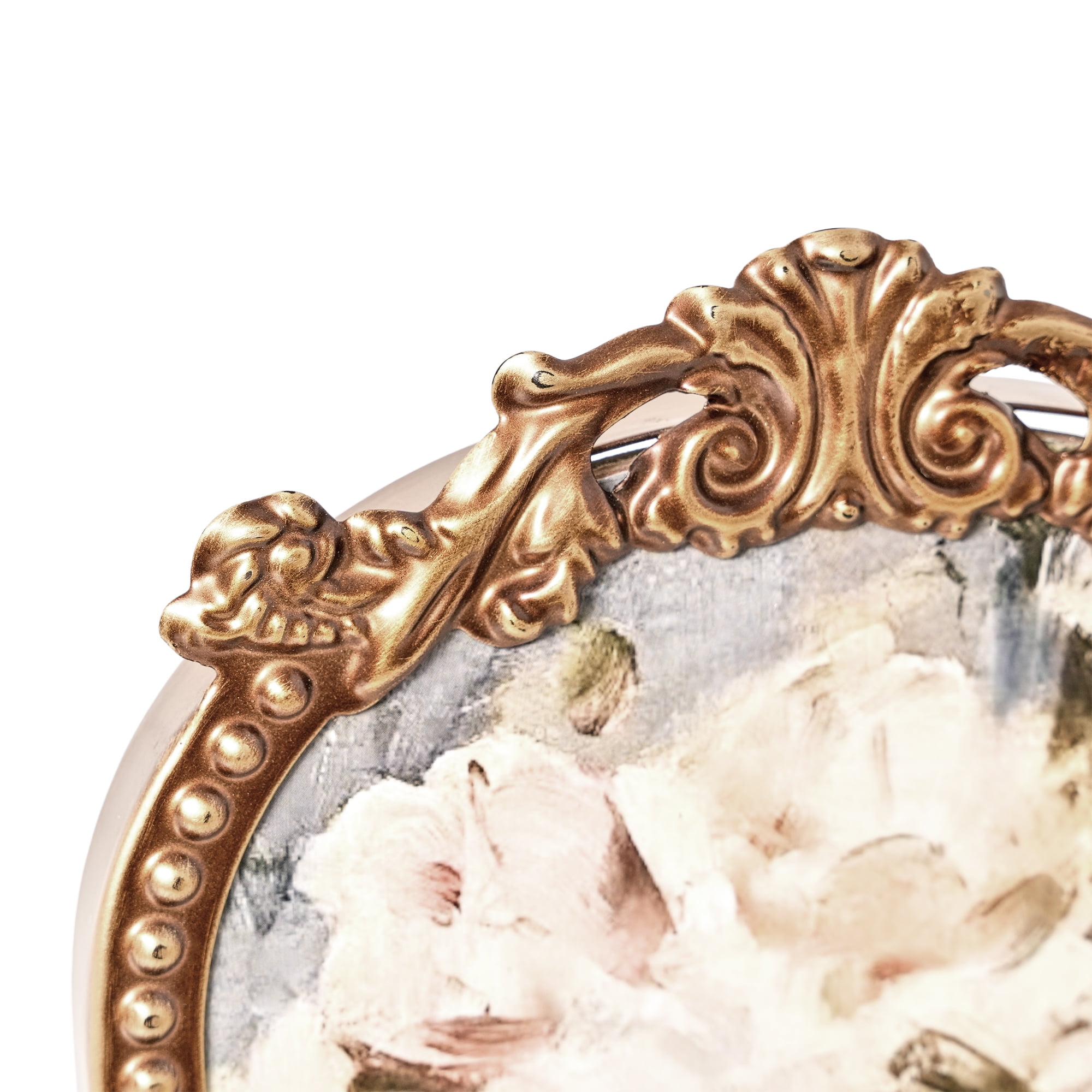 Crystal Art Gallery Metro Beaded Ornate Arched Filigree Tabletop Wall Art – Gold Framed Floral Still Life Print by Charles Hermans, Decorative Vintage Rose Art for Shelf, Dresser, or Mantel, 6x8