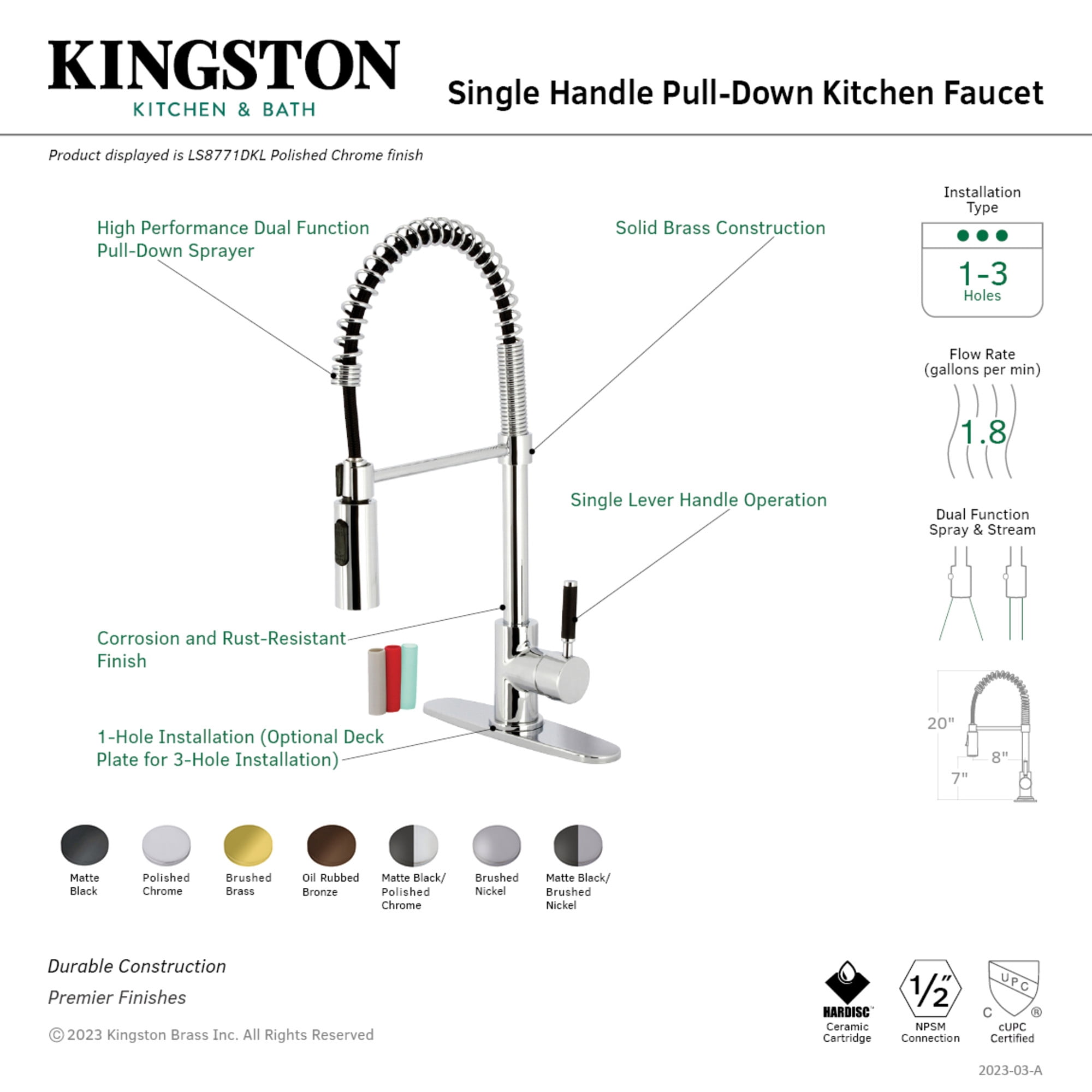 Gourmetier LS8779DKL Kaiser Single-Handle Deck-Mount Pre-Rinse Kitchen Faucet, Matte Black/Brushed Nickel