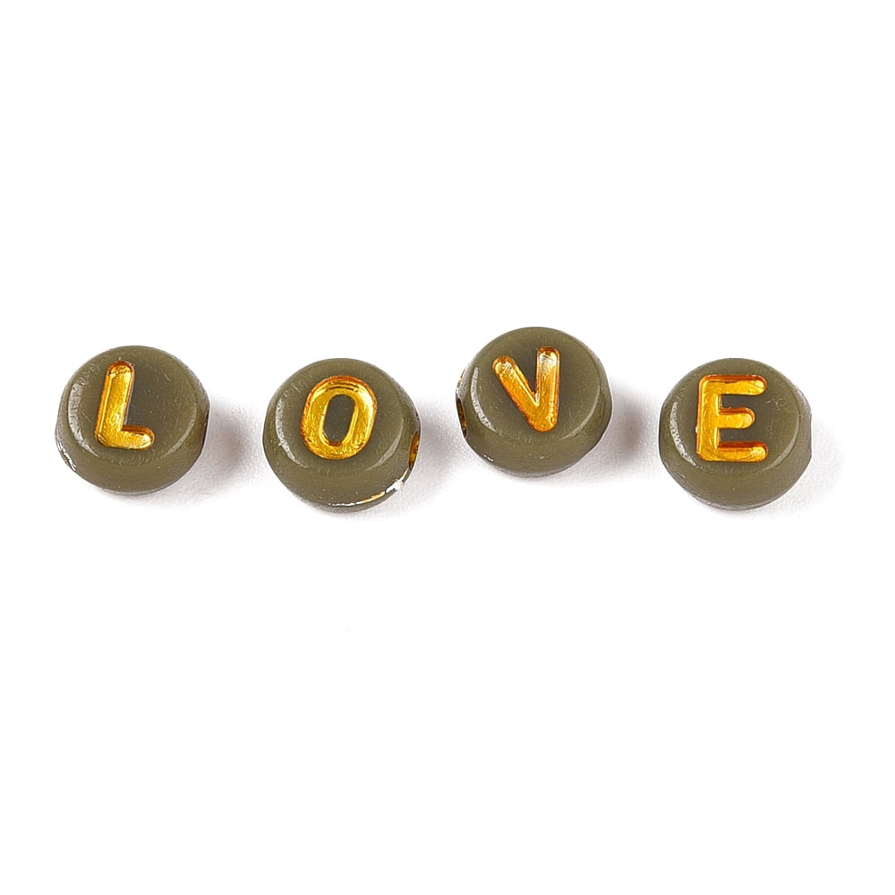 Plating Acrylic Beads with Metal Enlaced Flat Round with Letter Dark Khaki 7x4mm Hole: 1.6mm about 3330pcs/500g