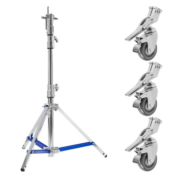 Flashpoint 5.7' Lowboy Steel Stand Pro with Leveling Leg and Combo Head, Silver, Bundle with Wheels Set