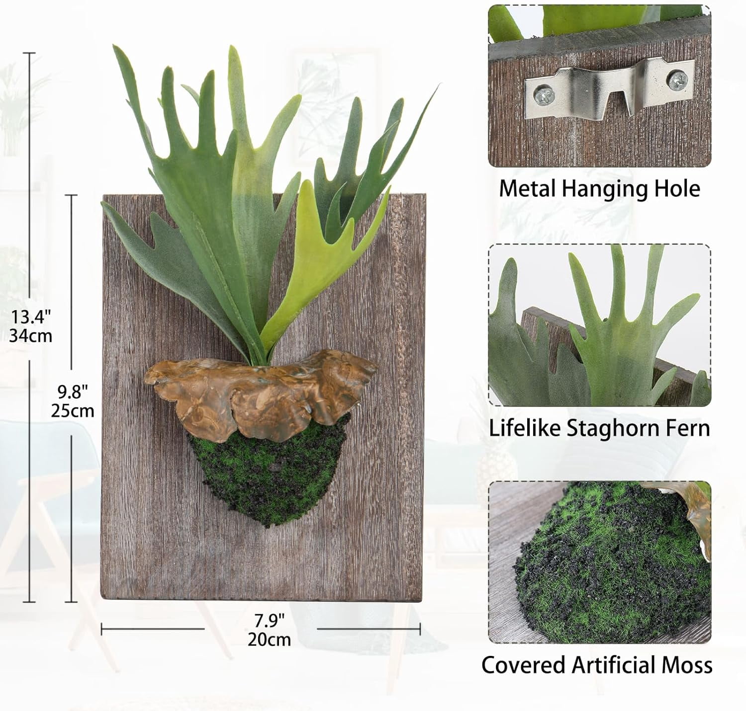 Artificial Plant Wall Decor Realistic Fake Wall Hanging Plants with Wooden Board Moss Faux Staghorn Fern Wall Plants for Home Indoor Art