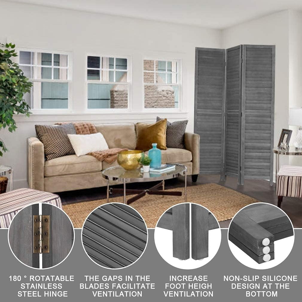 Dkelincs 3 Panel Wood Room Divider 4.3ft Tall Folding Privacy Screen Wall Divider 67"×16" Each Panel Wood Screen, Gray